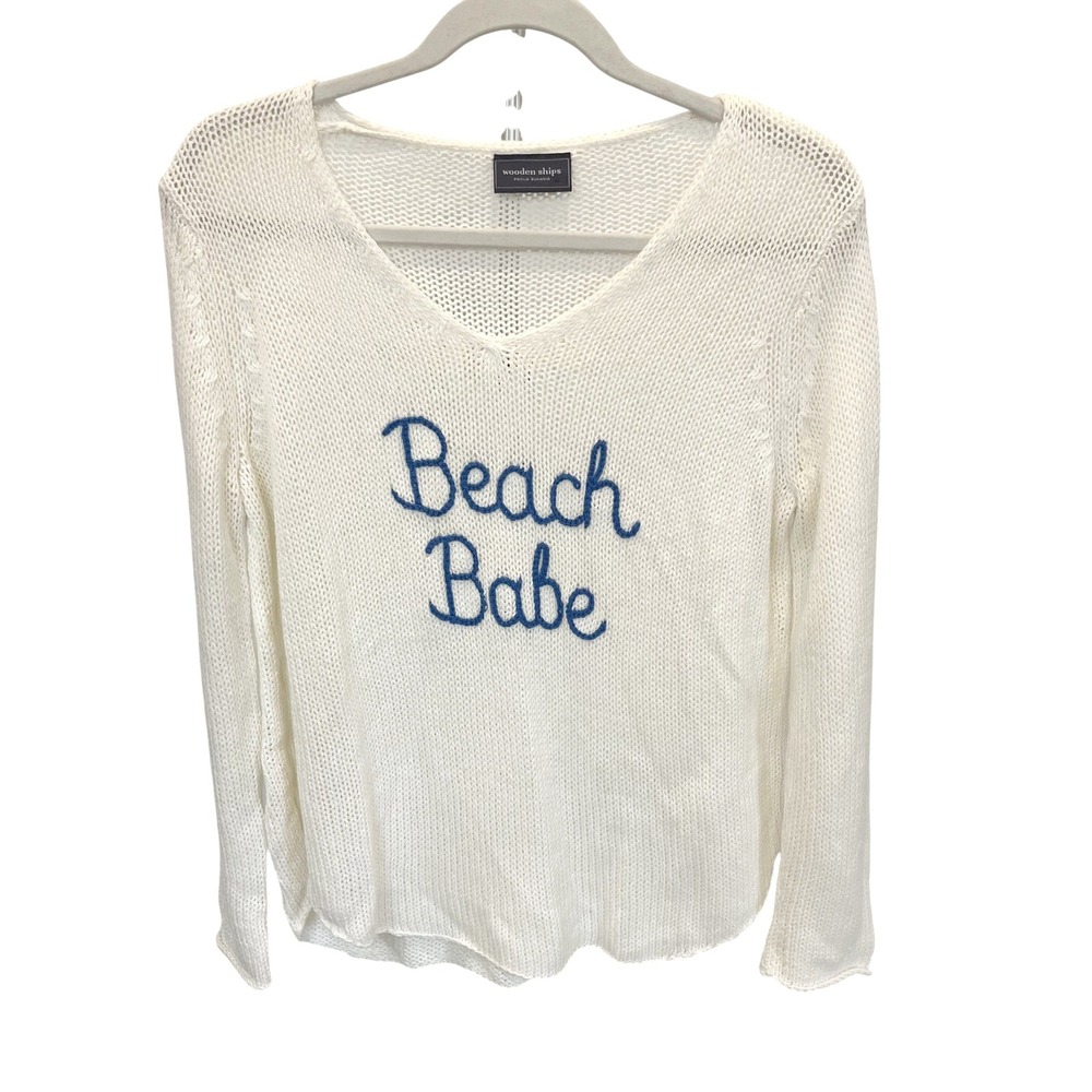 Wooden Ships Beach Babe V-Neck Knit Sweater White Blue XS Cotton Blend Airy